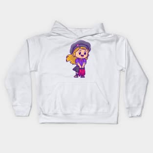 Cute Girl With Bag And Wearing Hat Cartoon Kids Hoodie